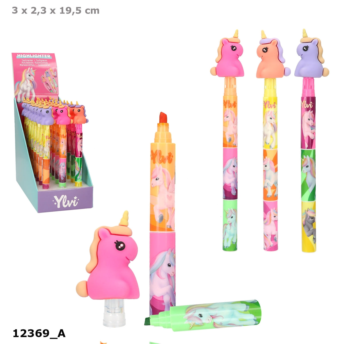 Ylvi 3-in-1 Highlighter mit Einhorn Topper - bunte Farben