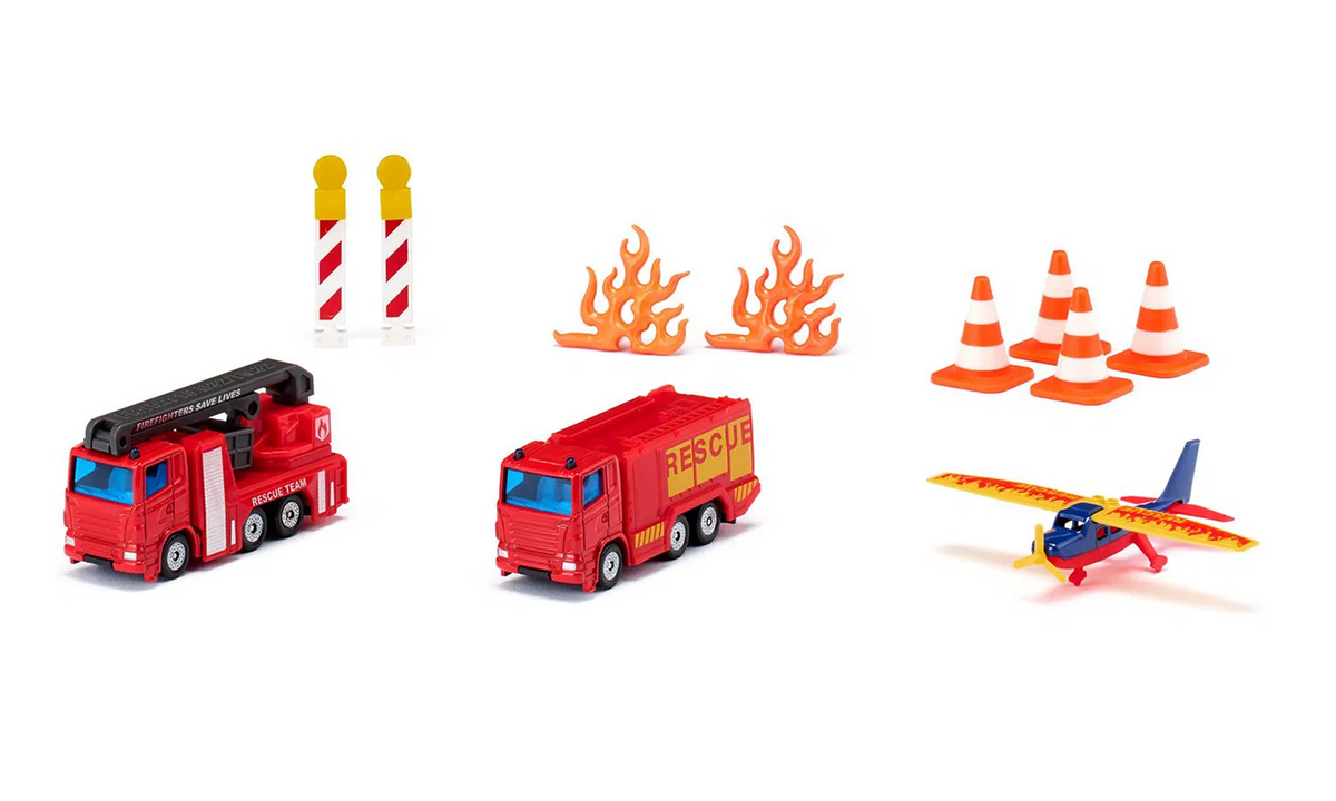 siku Feuerwehr Geschenkset - 11-teiliges Einsatzfahrzeug-Set mit Hubrettungsbühne