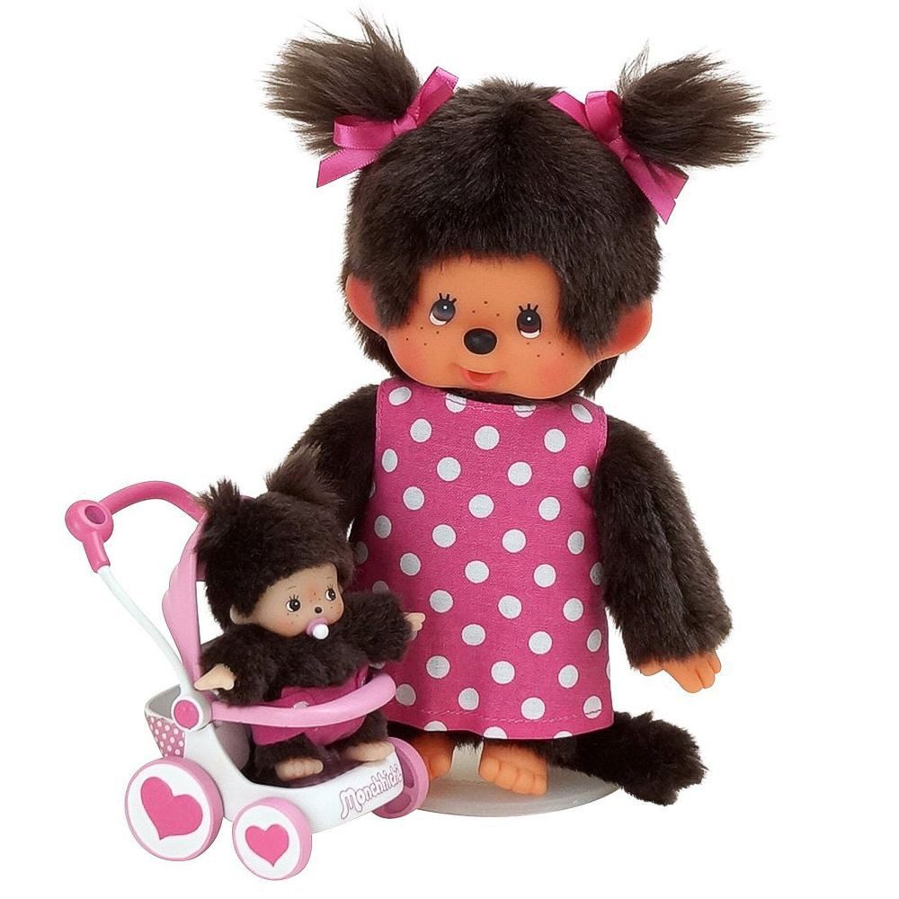 Monchhichi Kinderwagenset mit Mutter und Kind, pink/braun