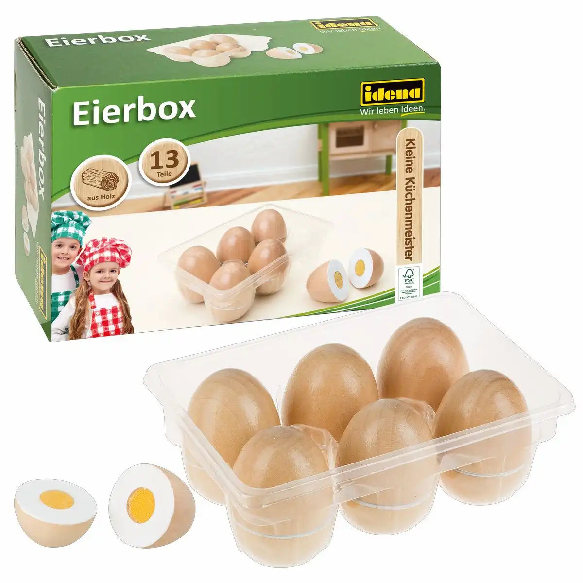 Idena Eierbox mit 6 Eiern aus Holz schneidbar