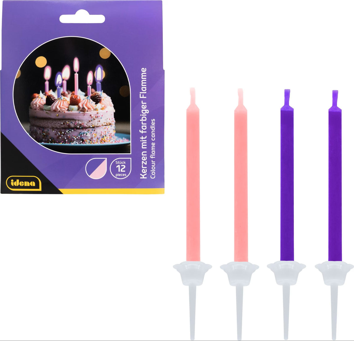 Partykerzen Rosa/Lila mit bunten Flammen - 12er Set