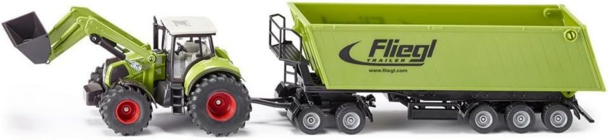 SIKU Claas Axion 850 Traktor mit Frontlader, Dolly und Fliegl Muldenkipper - 1:50