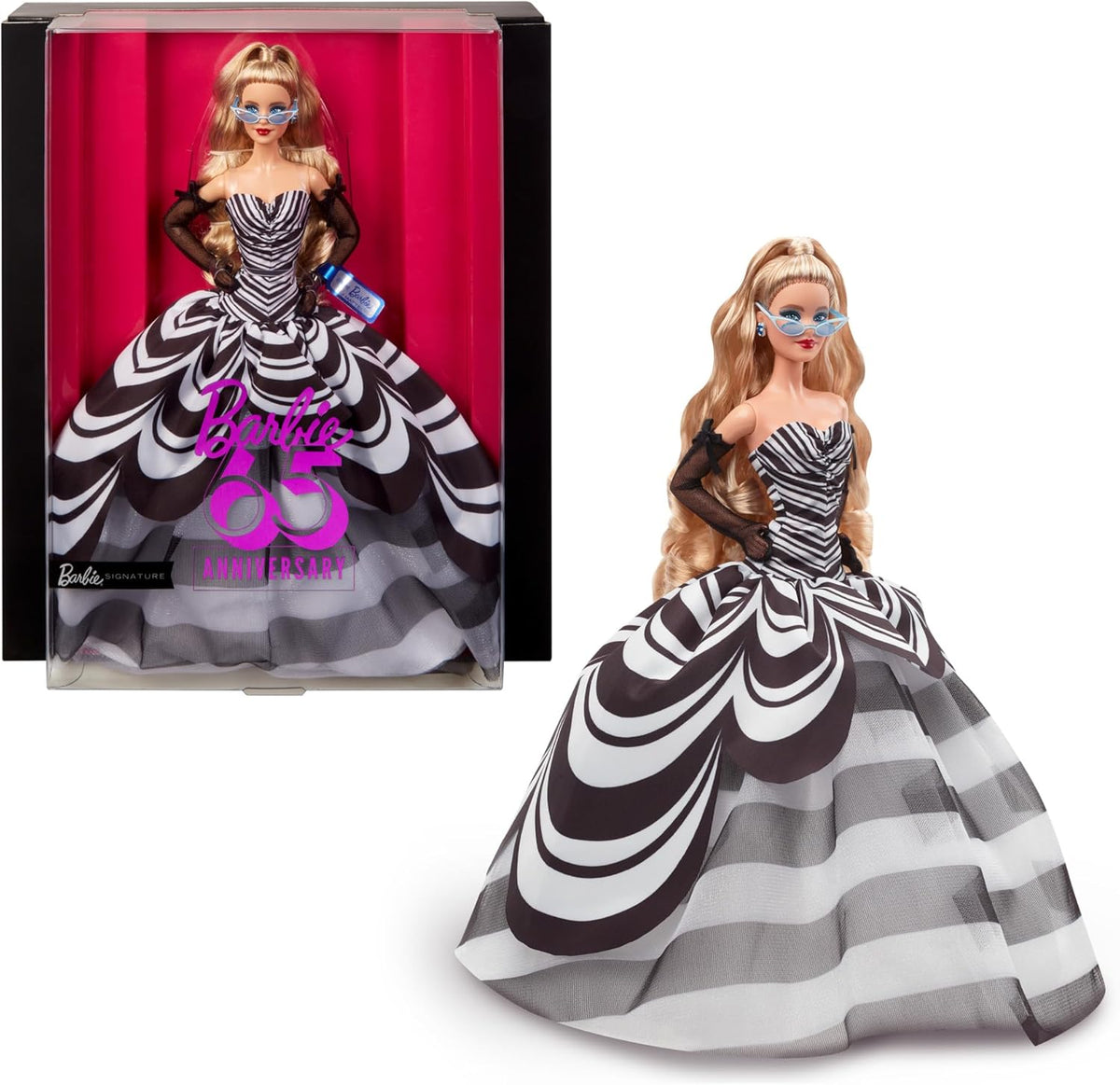 Mattel Barbie Signature-Puppe, Sammelfigur zum 65. Jubiläum mit blonden Haaren, schwarz-weißer Robe, Saphirohrringen und Sonnenbrille, HRM58