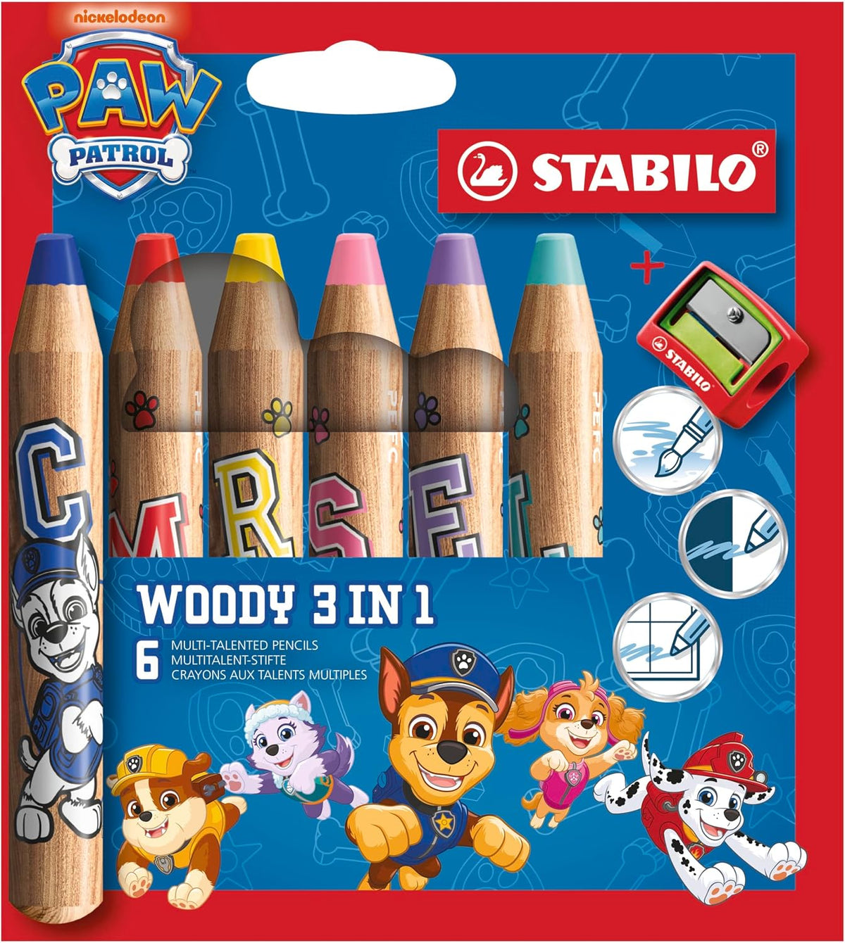 STABILO woody 3 in 1 PAW Patrol – 6 Stifte mit Spitzer