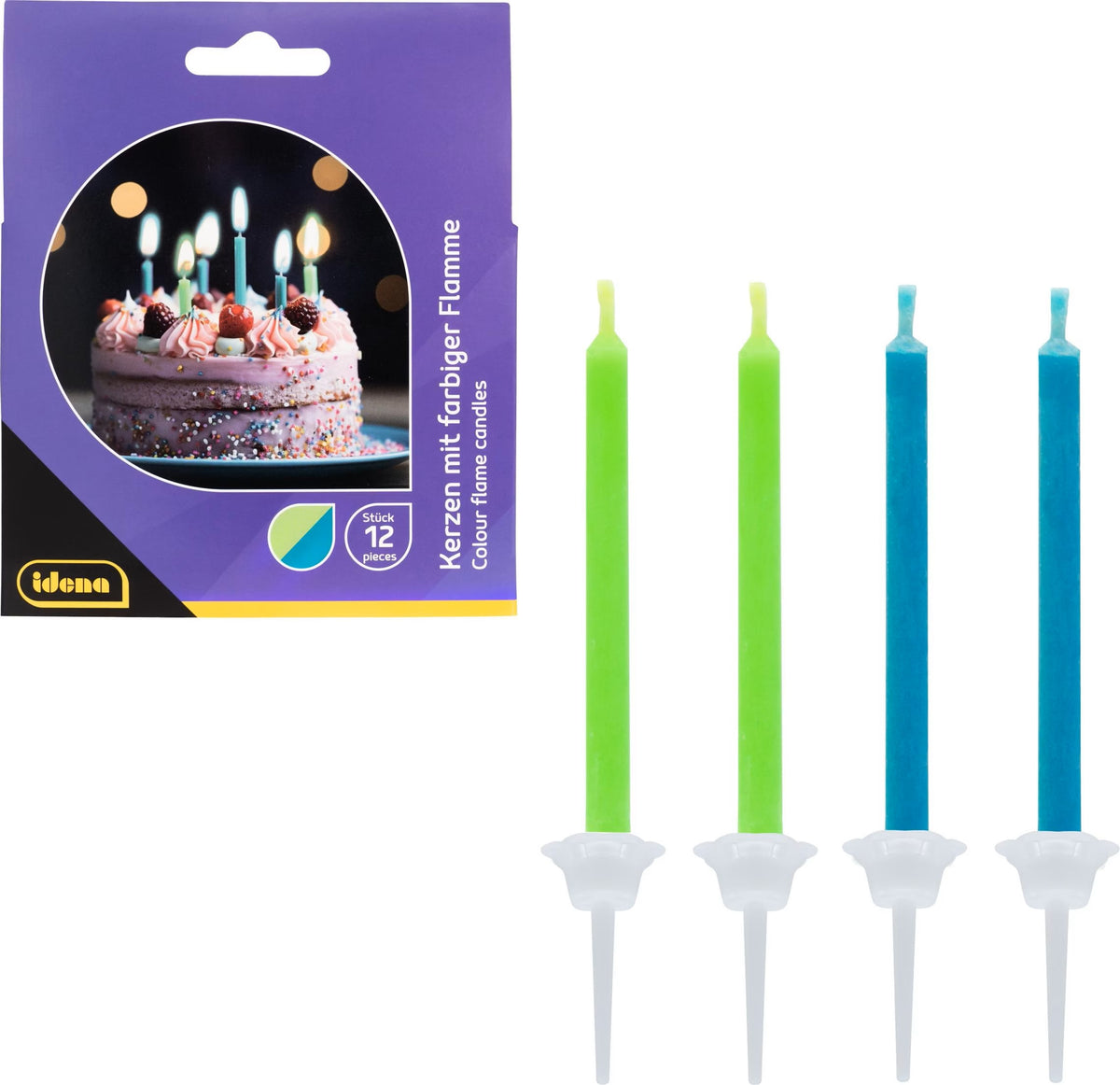 Partykerzen mit bunten Flammen - Blau/Grün Set 12 Stück