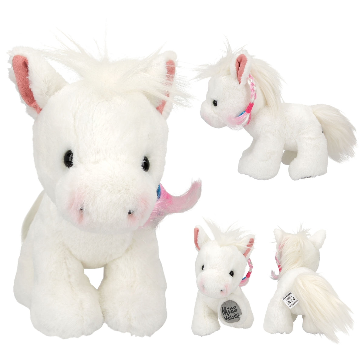 Miss Melody Plüschpferd - Kuscheliges weißes Pferd mit bunter Mähne (20 cm)