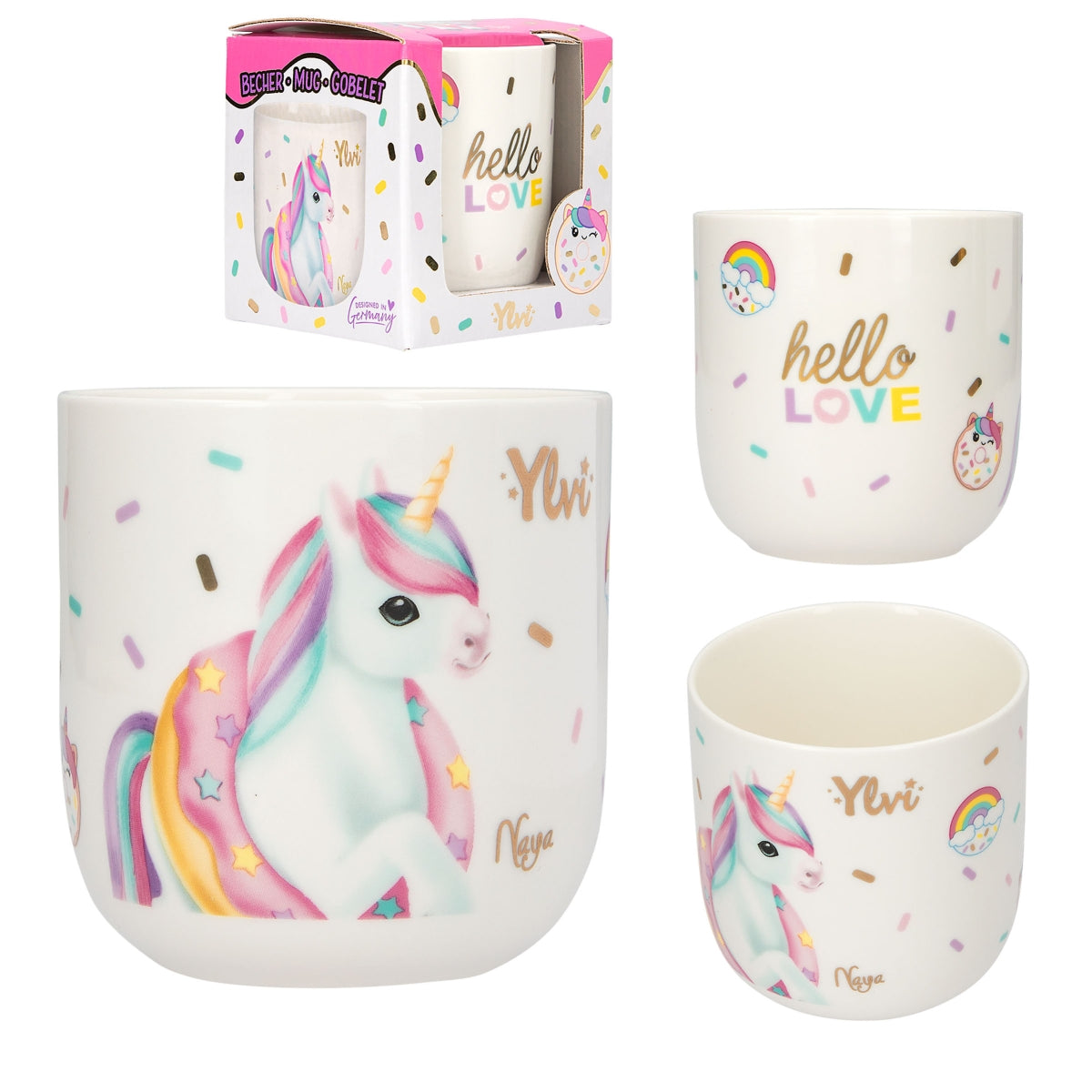Ylvi Porzellanbecher mit Einhorn-Donut-Motiv 250ml