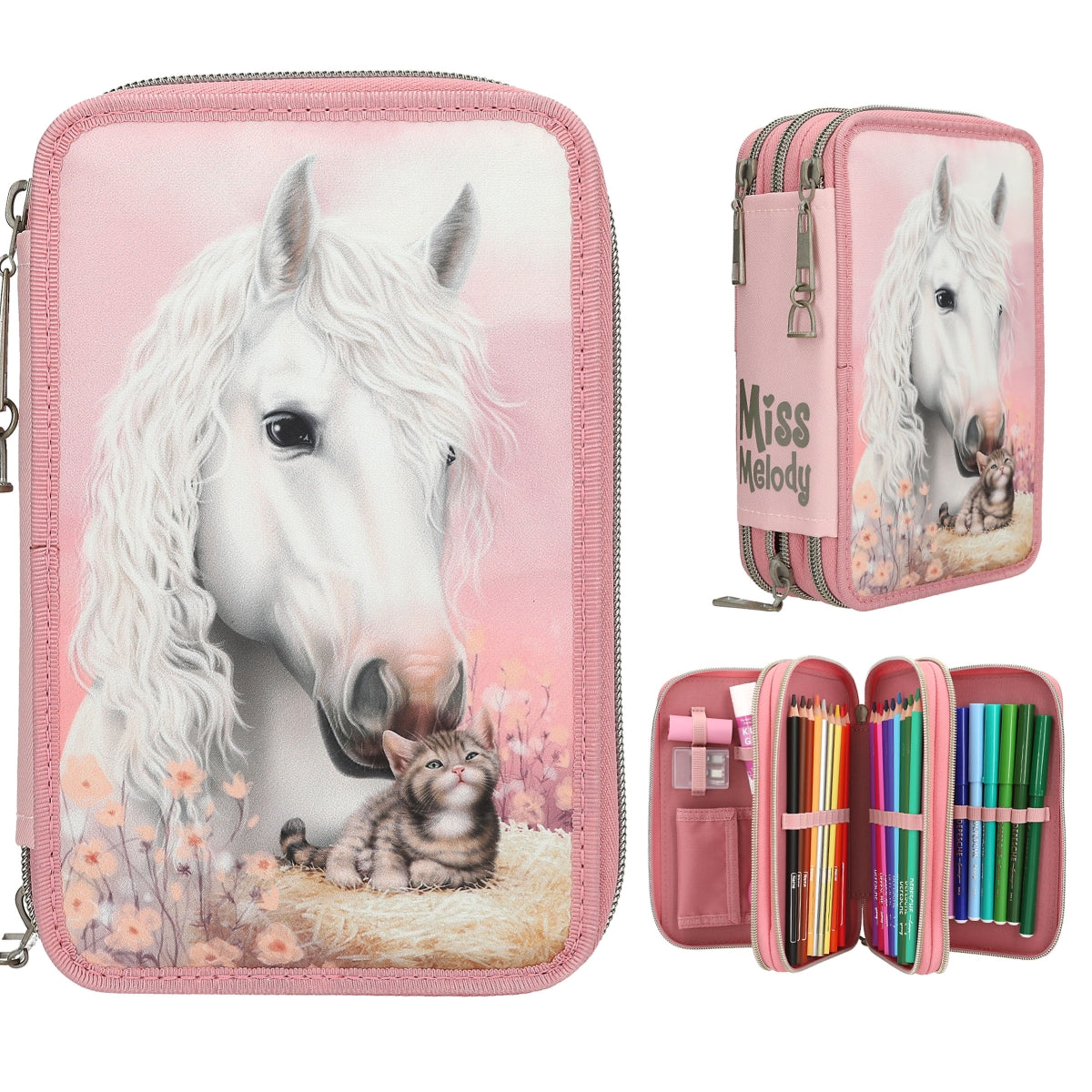 Miss Melody 3-Fach Federtasche TRUE FRIENDS - Komplett gefüllt mit Pferde-Motiv
