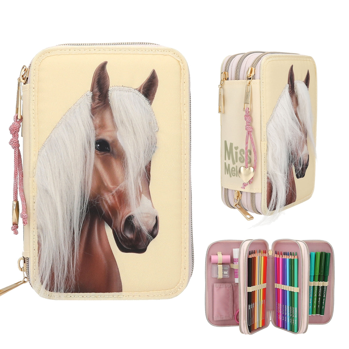 Miss Melody 3-Fach Federtasche mit Pferdekopf - 44 Teile