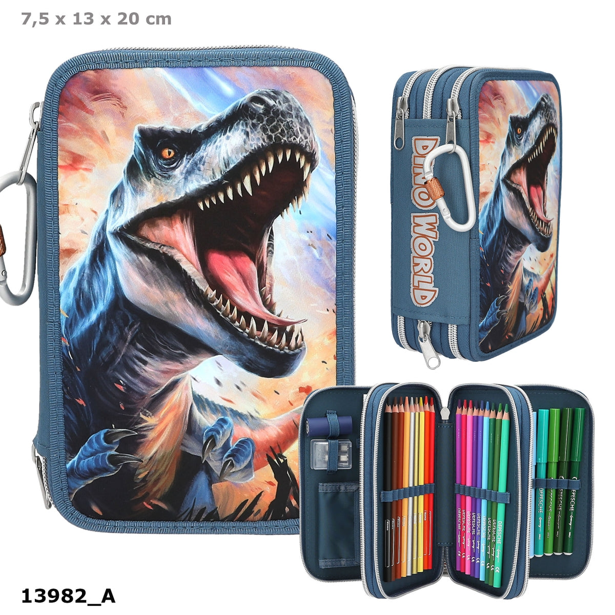Dino World 3-Fach Federtasche gefüllt - T-Rex Motiv