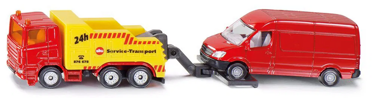 SIKU Abschleppwagen Set - Dreiachsiger Bergungs-LKW mit Lieferwagen