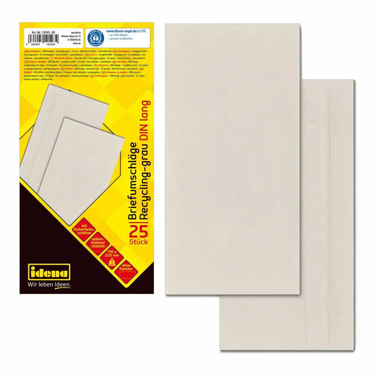 Idena Premium Briefumschläge DIN lang grau - 25 Stück aus recyceltem Papier, selbstklebend