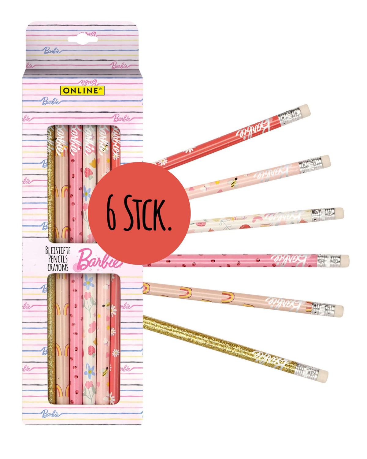 Barbie Bleistifte 6er Set mit Radierer - Schule & Malen