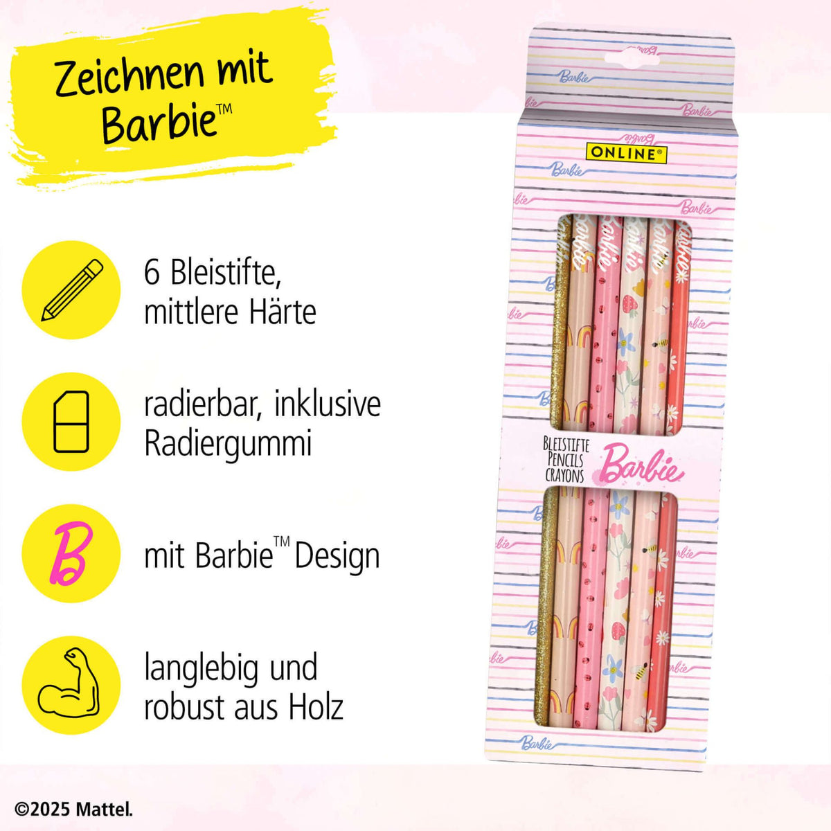 Barbie Bleistifte 6er Set mit Radierer - Schule & Malen