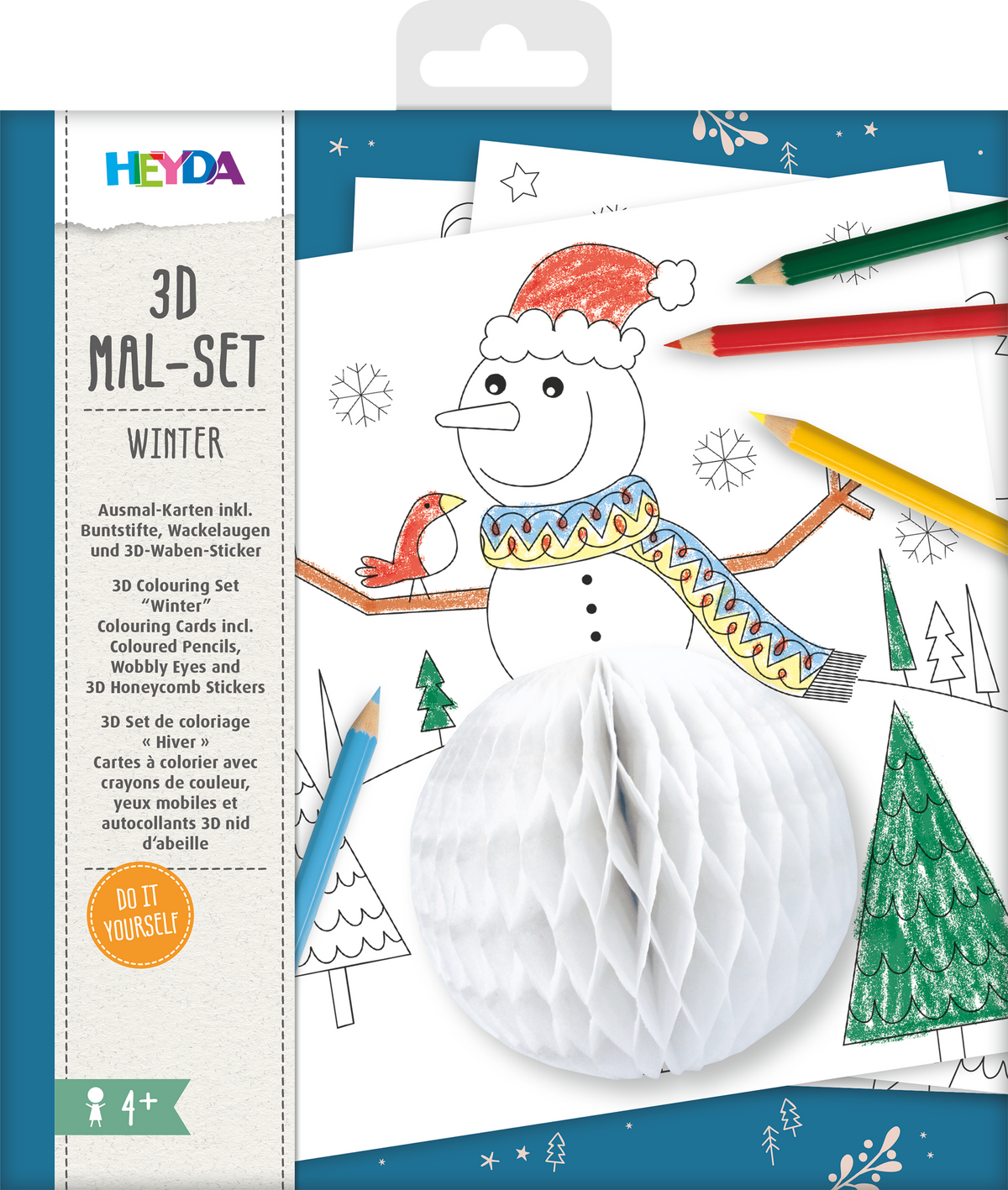 3D Malset Winter - 4 Karten mit Buntstiften & 3D-Stickern