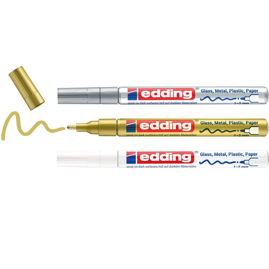 edding 751 creative Metallic-Lackmarker, 3er-Set Weiß Gold Silber