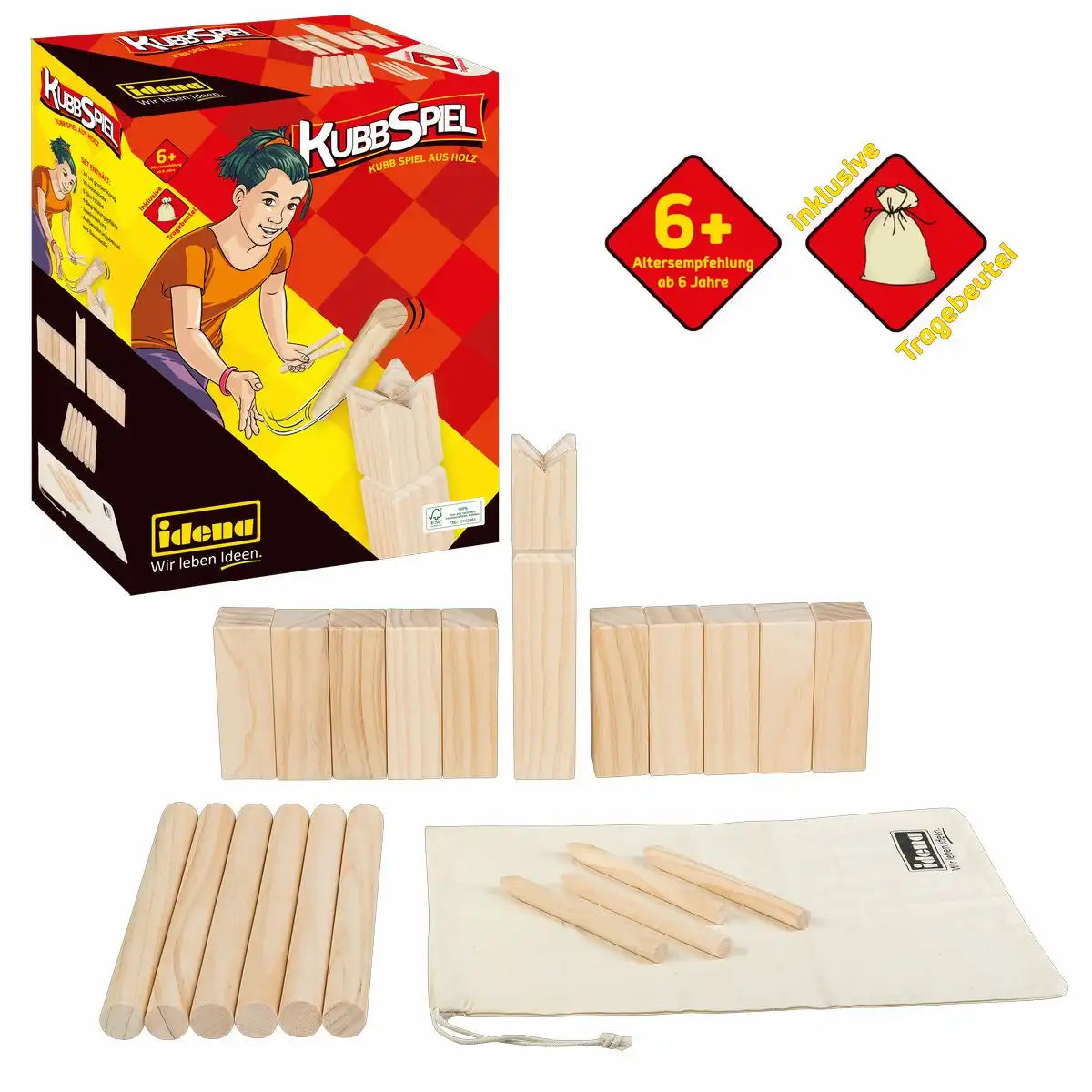Idena Kubb Spiel 21-teilig - Wikingerschach aus Holz für Familie & Freunde