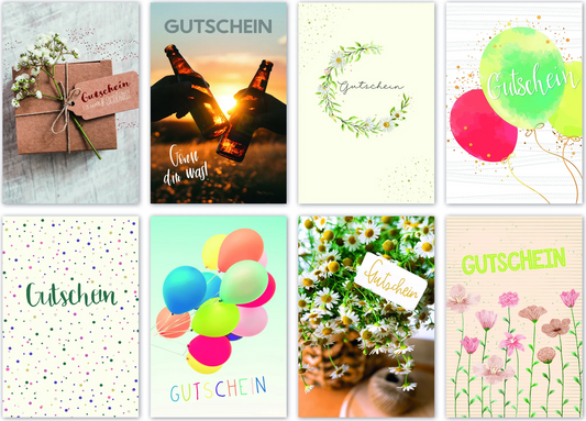 Gutscheinkarte 11x16cm - 1 aus 8 Designs zufällig ausgewählt
