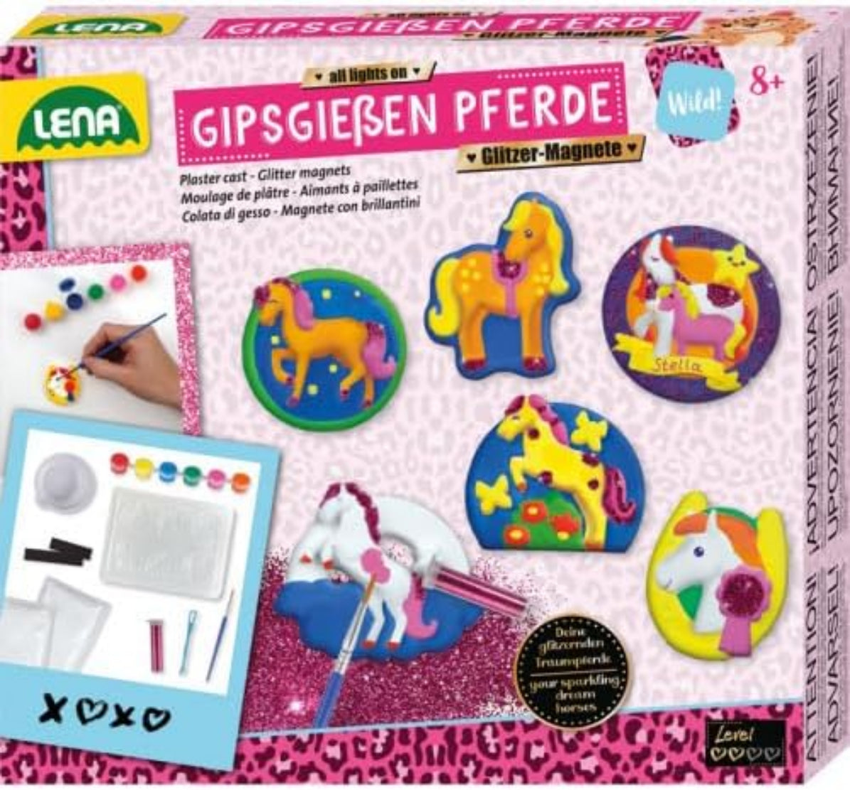 LENA Gipsgießen Pferde Glitzer-Magnete – Kreatives Bastelset für Kinder ab 8 Jahren