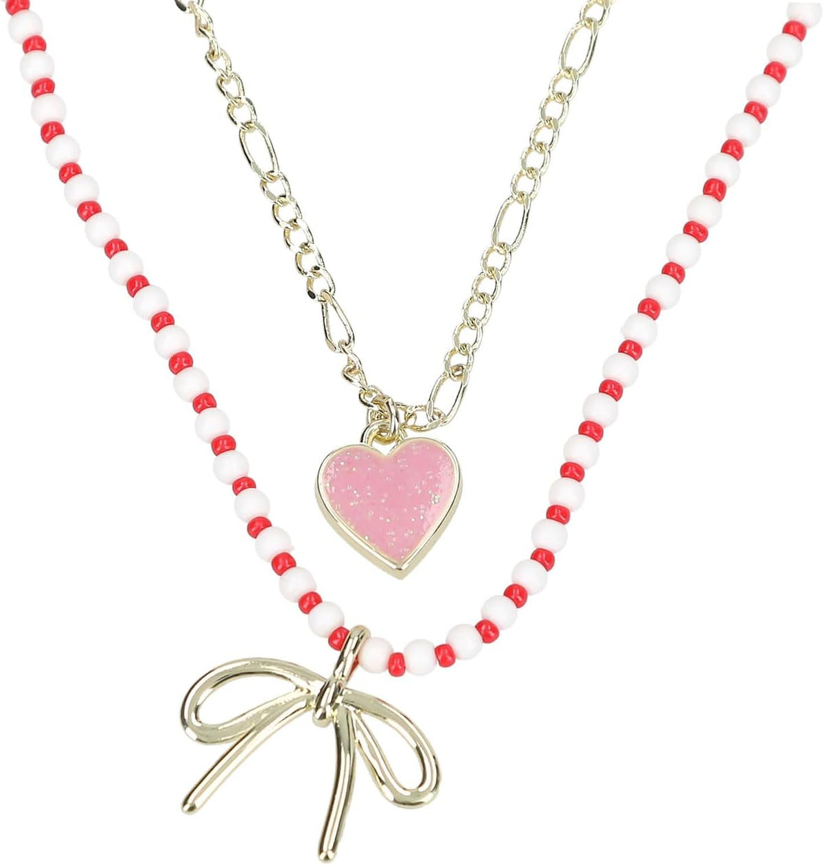 Depesche 13809 TOPModel Leoheart - Zweifach Halskette, vergoldet, Schmuck mit rot-weißen Perlen und Anhängern, variabel in der Länge (42 cm + 5 cm)