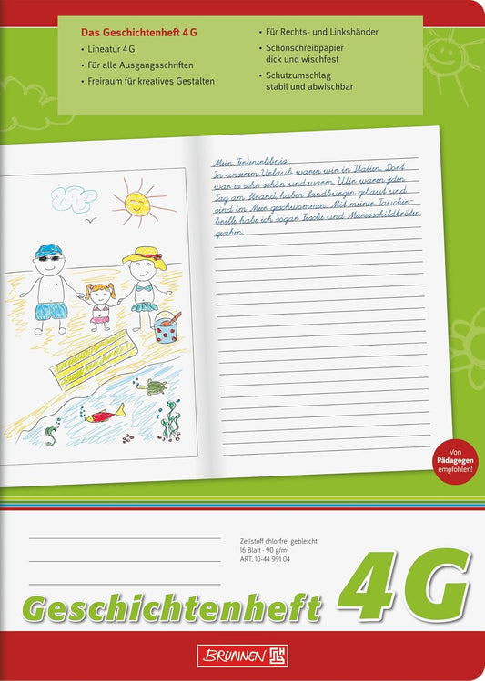BRUNNEN Geschichtenheft A4 Lineatur 4G, 16 Blatt – Grundschule