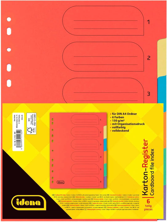 Idena Kartonregister 6-teilig - Farbige A4 Register für perfekte Organisation