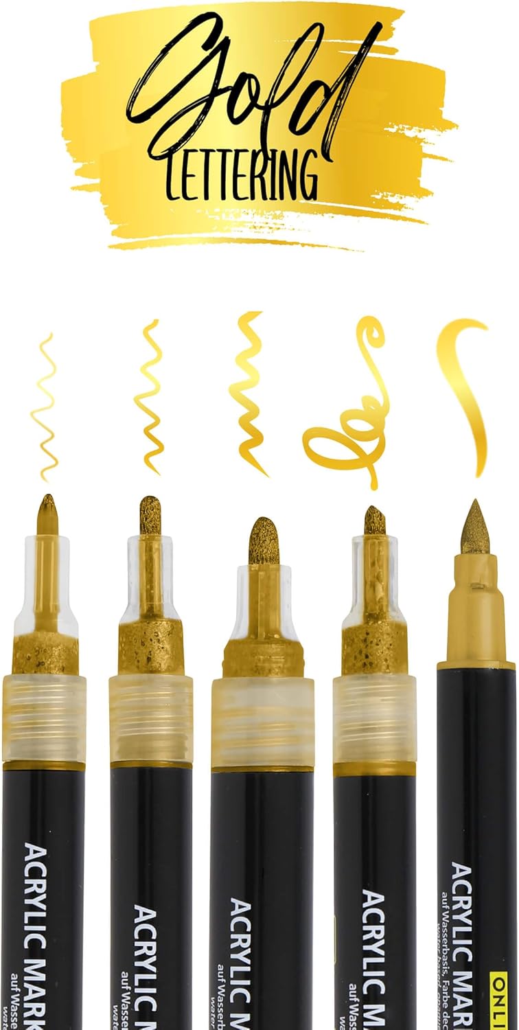 ONLINE Gold Lettering Set - 5 Premium Acryl-Marker für kreative Meisterwerke