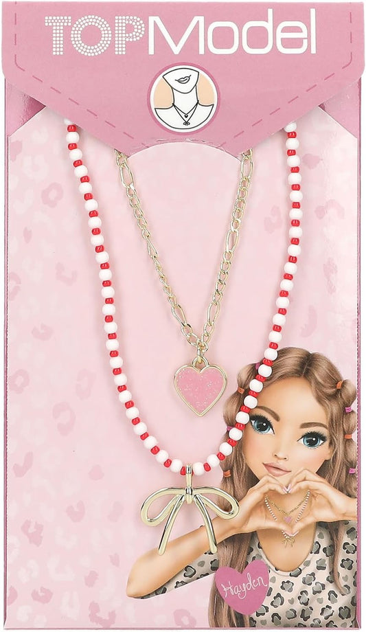 Depesche 13809 TOPModel Leoheart - Zweifach Halskette, vergoldet, Schmuck mit rot-weißen Perlen und Anhängern, variabel in der Länge (42 cm + 5 cm)