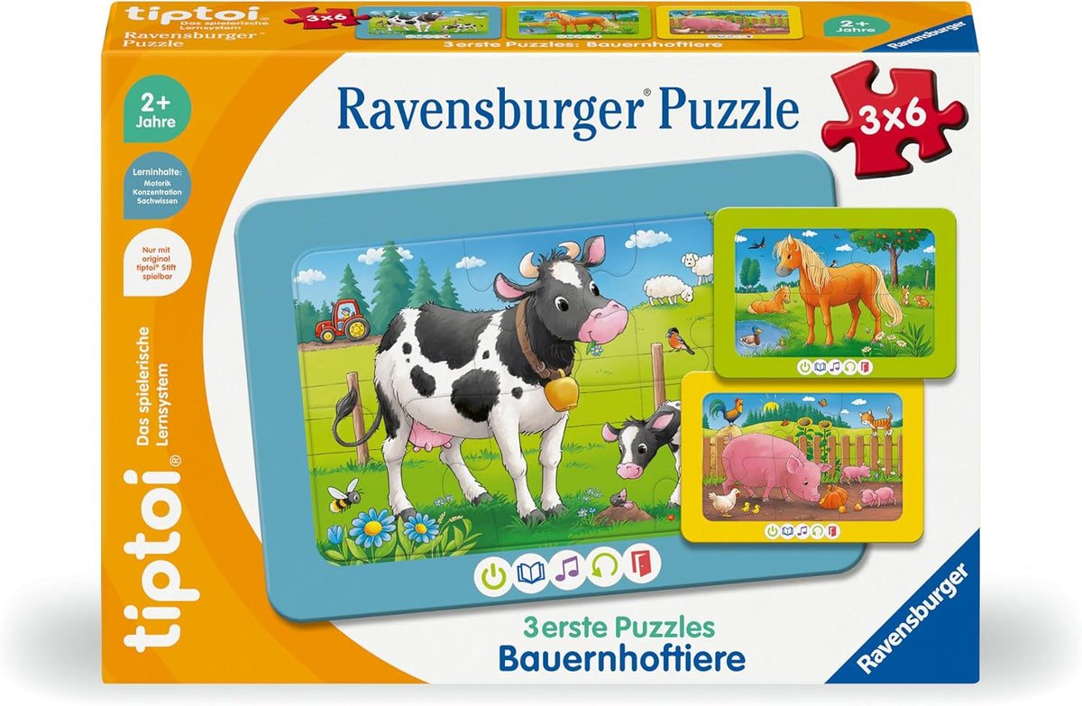 Ravensburger tiptoi 3 erste Puzzles Bauernhoftiere, 3 × 6 Teile
