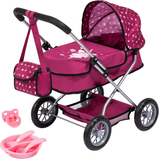 Idena Puppenwagen mit Tasche und Korb 58x37,5x57cm  Idena Puppenwagen Smarty mit Umhängetasche, ca. 58 x 37,5 x 57 cm | klappbarer Kinderwagen für Puppen, inkl. Geschirr mit Besteck und Schnuller, 40399