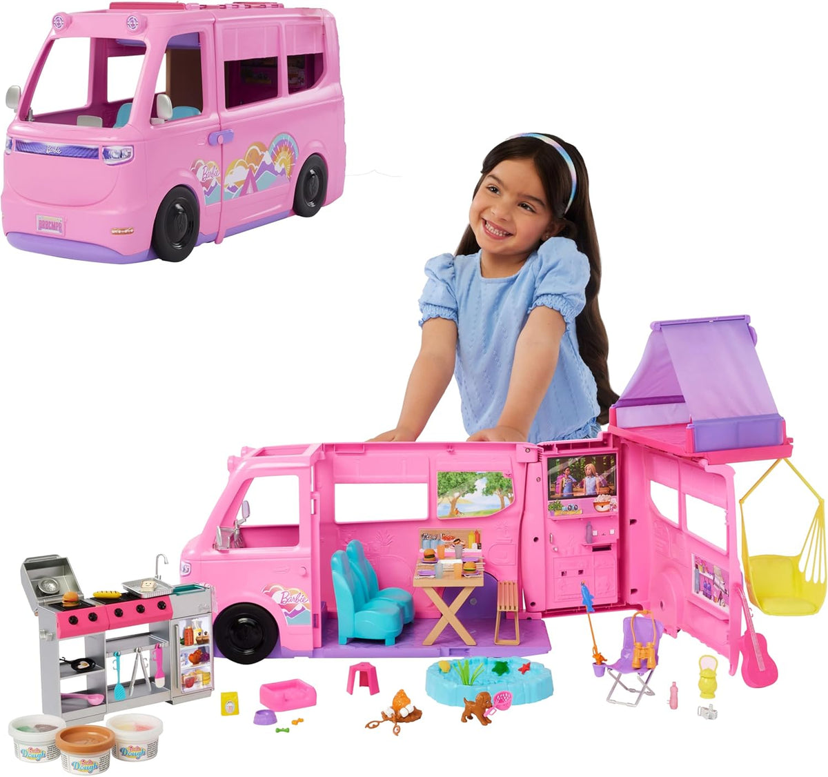 Barbie Super Abenteuer-Camper mit Dachzelt & 60+ Zubehörteilen