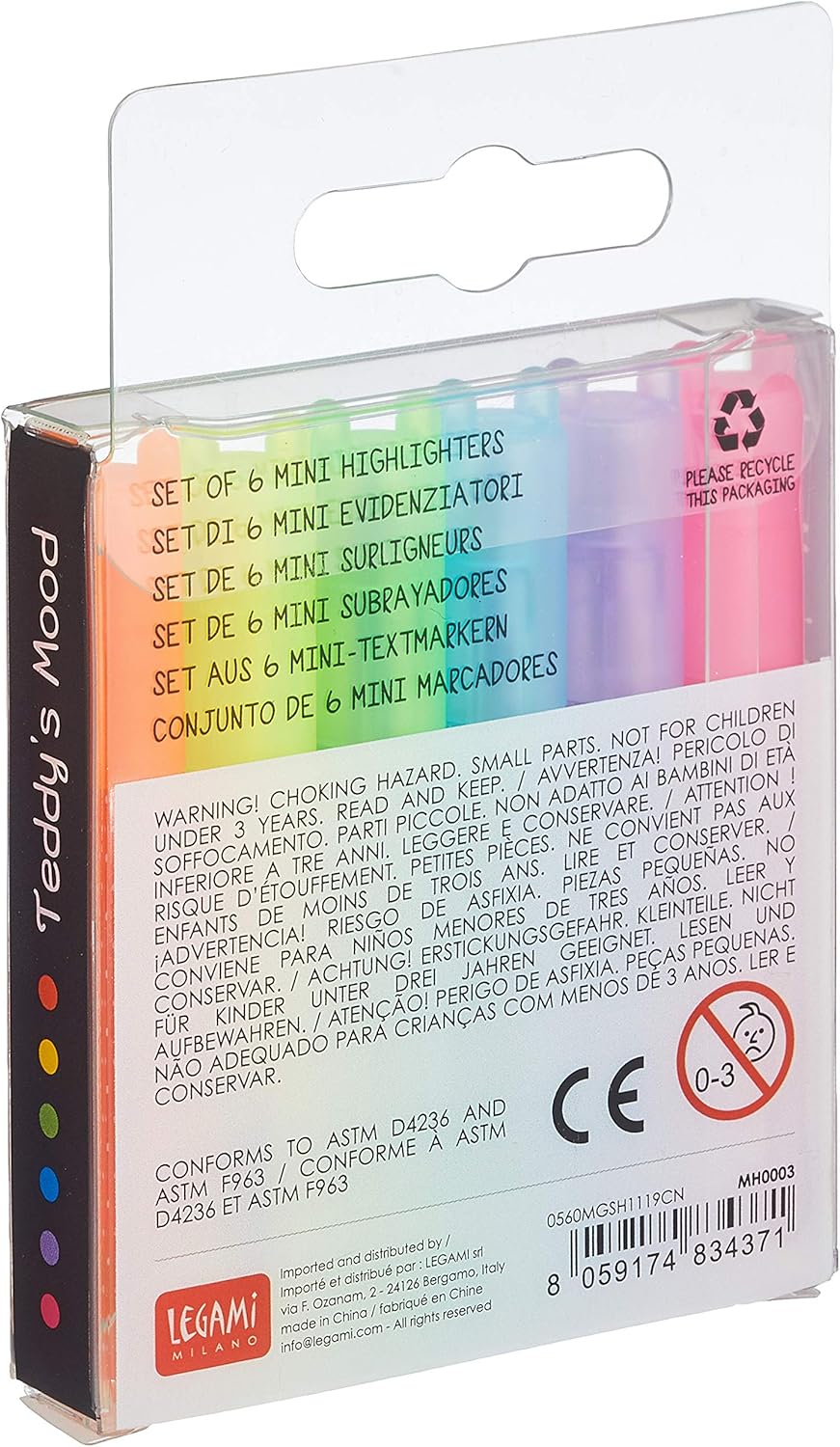 Legami Teddy’s Mood Mini-Textmarker-Set – 6 Farben, Bär
