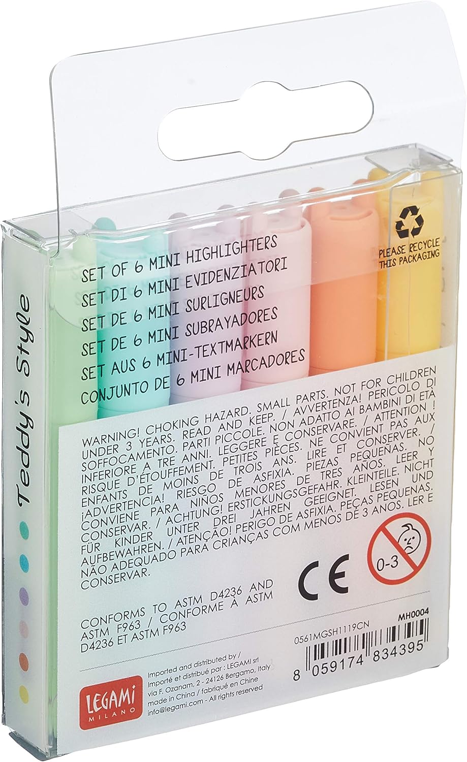 Legami Teddy’s Style Mini-Textmarker 6er-Set – Pastell